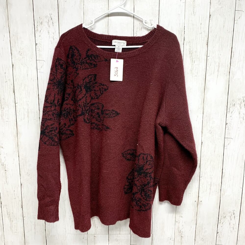 Liz Claiborne Woman 2X Sweater Burgundy Knit Black Floral Crew Neck‎ Acrylic